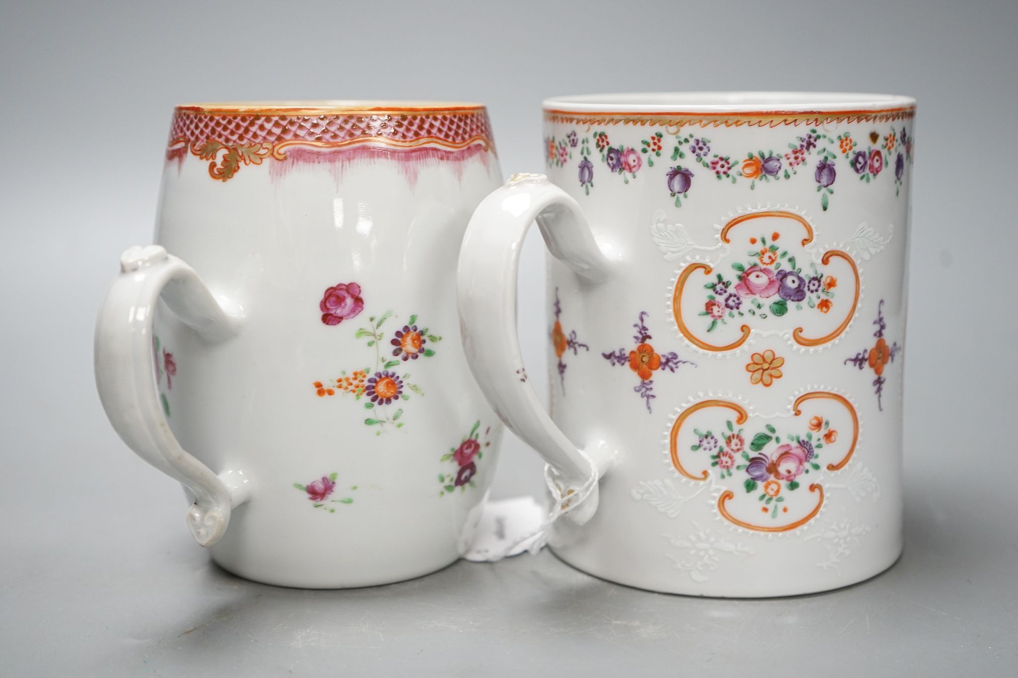 Two 18th century Chinese export famille rose mugs, 13cm